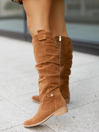 オレンジ レディースニーハイブーツ スエードチャンキーヒール スラウチブーツ