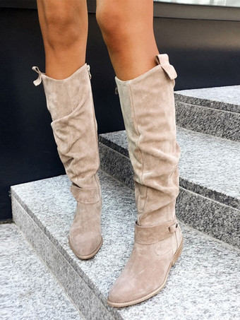 ライト アプリコットレディースニーハイブーツ スエードチャンキーヒール スラウチブーツ