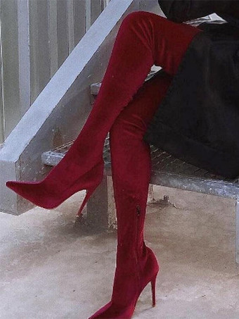 レッド セクシーなオーバーニーブーツ グリーンベルベット ポインテッドトゥ ハイヒール サイハイブーツ