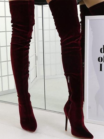 セクシーなオーバーニーブーツ グリーンベルベット ポインテッドトゥ ハイヒール サイハイブーツ