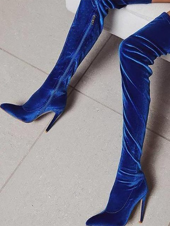 ブルー セクシーなオーバーニーブーツ グリーンベルベット ポインテッドトゥ ハイヒール サイハイブーツ