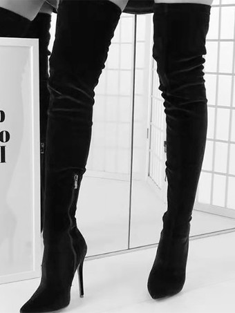 ブラック セクシーなオーバーニーブーツ グリーンベルベット ポインテッドトゥ ハイヒール サイハイブーツ