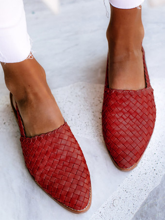 レッド レディース フラットサンダル ポインテッドトゥ スリングバック カジュアルスライド