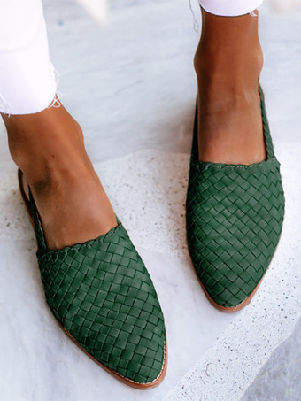 グリーン レディース フラットサンダル ポインテッドトゥ スリングバック カジュアルスライド