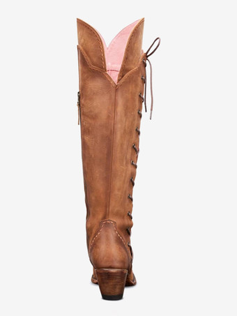 レディース オーバーニー ウエスタンブーツ コーヒーブラウン 刺繍入り ポインテッドトゥ レースアップ サイハイブーツ