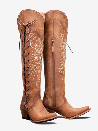 レディース オーバーニー ウエスタンブーツ コーヒーブラウン 刺繍入り ポインテッドトゥ レースアップ サイハイブーツ