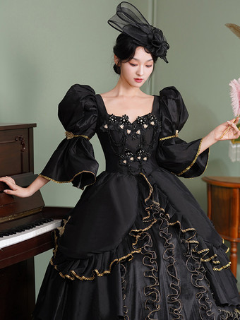 黒のレトロコスチューム フリル ポリエステル マリーアントワネット コスチュームドレス レディース レトロ 18世紀コスチューム