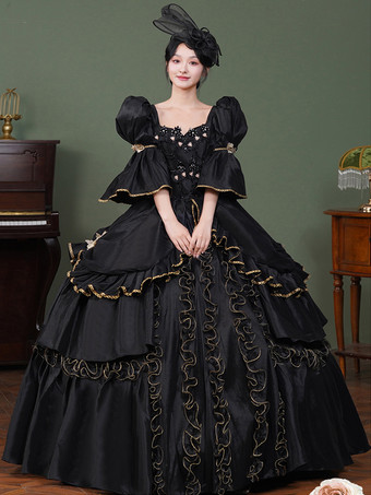黒のレトロコスチューム フリル ポリエステル マリーアントワネット コスチュームドレス レディース レトロ 18世紀コスチューム