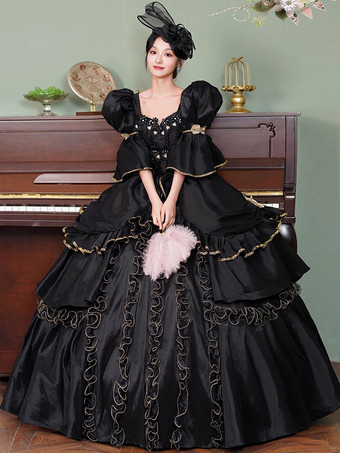 黒のレトロコスチューム フリル ポリエステル マリーアントワネット コスチュームドレス レディース レトロ 18世紀コスチューム