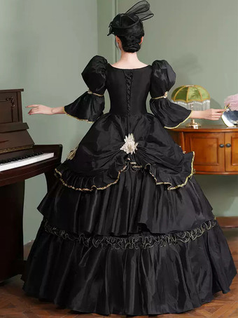 黒のレトロコスチューム フリル ポリエステル マリーアントワネット コスチュームドレス レディース レトロ 18世紀コスチューム