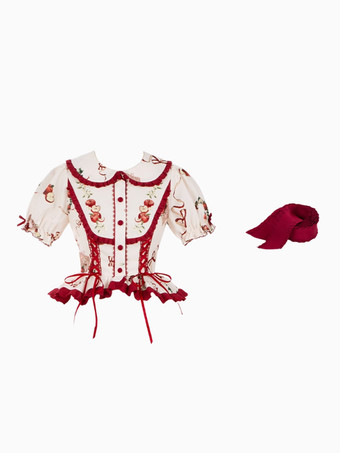 スイートロリータ衣装 赤いレースアップフリル半袖スカートトップ