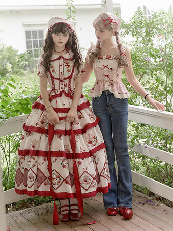 スイートロリータ衣装 赤いレースアップフリル半袖スカートトップ