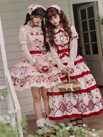 スイートロリータ衣装 赤いレースアップフリル半袖スカートトップ