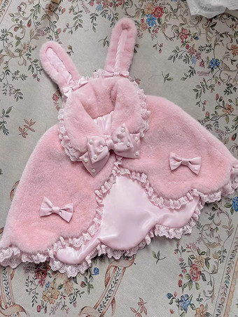 ピンクスイートロリータポンチョ ホワイトポリエステルレースリボン 秋ロリータアウター