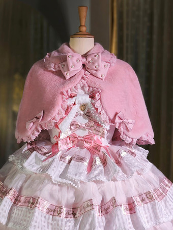 スイートロリータポンチョ ホワイトポリエステルレースリボン 秋ロリータアウター