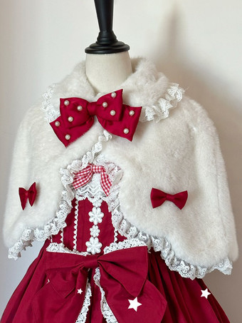 ワインレッド スイートロリータポンチョ ホワイトポリエステルレースリボン 秋ロリータアウター