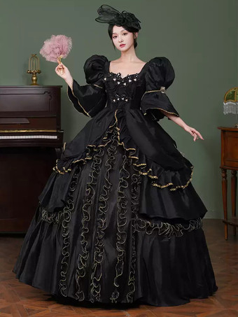 ブラック 黒のレトロコスチューム フリル ポリエステル マリーアントワネット コスチュームドレス レディース レトロ 18世紀コスチューム