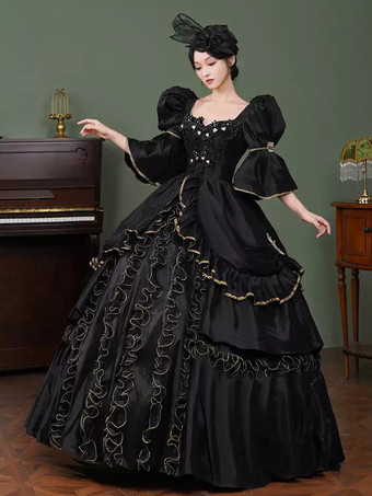 黒のレトロコスチューム フリル ポリエステル マリーアントワネット コスチュームドレス レディース レトロ 18世紀コスチューム