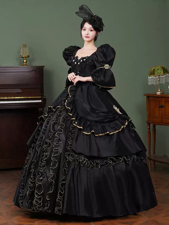黒のレトロコスチューム フリル ポリエステル マリーアントワネット コスチュームドレス レディース レトロ 18世紀コスチューム
