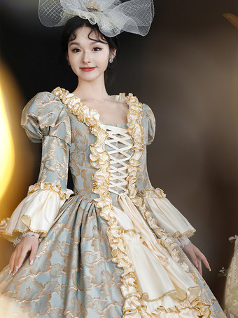 ライトスカイブルー レトロコスチューム レディース レース フリル ポリエステル ヘッドウェア ドレス レトロ マリーアントワネット コスチューム ヴィンテージ クロージング