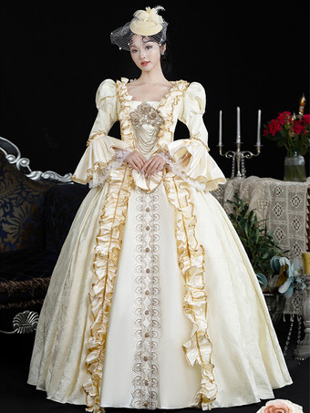 シャンパンレトロコスチュームレディースレースフリルポリエステルヘッドウェアドレスレトロマリーアントワネットコスチューム18世紀コスチューム
