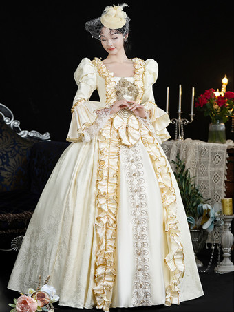 シャンパンレトロコスチュームレディースレースフリルポリエステルヘッドウェアドレスレトロマリーアントワネットコスチューム18世紀コスチューム