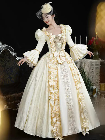 シャンパンレトロコスチュームレディースレースフリルポリエステルヘッドウェアドレスレトロマリーアントワネットコスチューム18世紀コスチューム