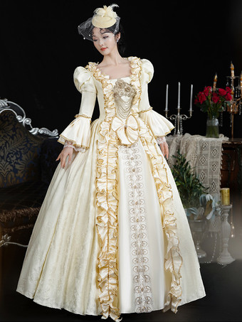 シャンパンレトロコスチュームレディースレースフリルポリエステルヘッドウェアドレスレトロマリーアントワネットコスチューム18世紀コスチューム