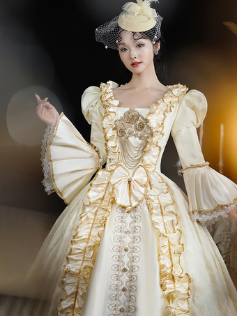 シャンパンレトロコスチュームレディースレースフリルポリエステルヘッドウェアドレスレトロマリーアントワネットコスチューム18世紀コスチューム