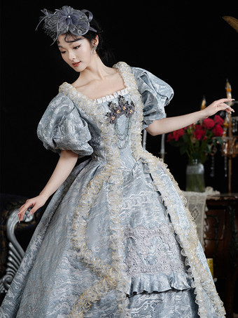 ライトスカイブルー レトロコスチューム レディース ジャカード フリル レース ポリエステル ヘッドウェア ドレス レトロ マリーアントワネット コスチューム ヴィンテージ クロージング