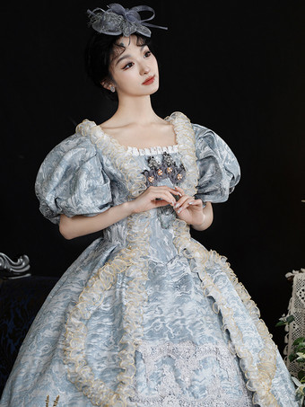 ライトスカイブルー レトロコスチューム レディース ジャカード フリル レース ポリエステル ヘッドウェア ドレス レトロ マリーアントワネット コスチューム ヴィンテージ クロージング
