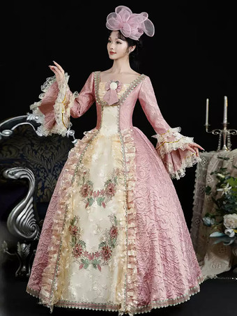ピンクのレトロコスチューム レディース 花柄 レース フリル ポリエステル ドレス 帽子 マリーアントワネット コスチューム レトロ ビンテージ 衣類