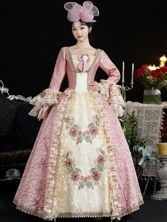 ピンクのレトロコスチューム レディース 花柄 レース フリル ポリエステル ドレス 帽子 マリーアントワネット コスチューム レトロ ビンテージ 衣類