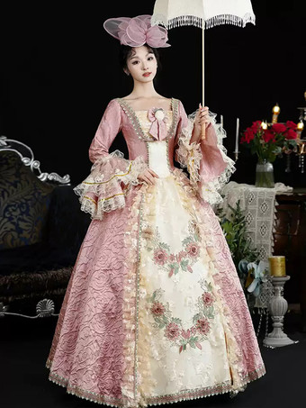 ピンクのレトロコスチューム レディース 花柄 レース フリル ポリエステル ドレス 帽子 マリーアントワネット コスチューム レトロ ビンテージ 衣類