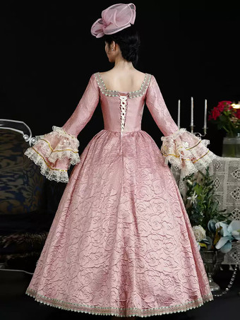 ピンクのレトロコスチューム レディース 花柄 レース フリル ポリエステル ドレス 帽子 マリーアントワネット コスチューム レトロ ビンテージ 衣類
