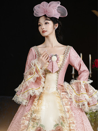 ピンクのレトロコスチューム レディース 花柄 レース フリル ポリエステル ドレス 帽子 マリーアントワネット コスチューム レトロ ビンテージ 衣類