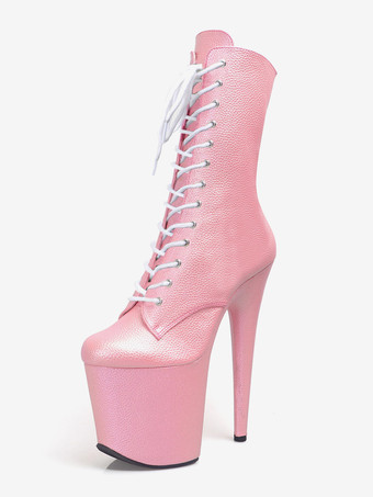 PinkSexy High Heel Boots Round Toe Lace Up Stiletto Heel Pole Dancing Pink Thigh High Boots Over The Knee Boots