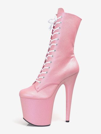 Sexy High Heel Boots Round Toe Lace Up Stiletto Heel Pole Dancing Pink Thigh High Boots Over The Knee Boots