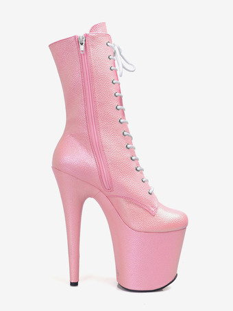 Sexy High Heel Boots Round Toe Lace Up Stiletto Heel Pole Dancing Pink Thigh High Boots Over The Knee Boots