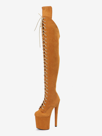 OrangeWomen Sexy Boots Round Toe Zipper Stiletto Heel Pole Dancing Orange Thigh High Boots Over The Knee Boots