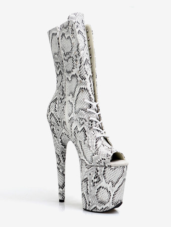 女性用セクシーブーツ ピープトゥ レースアップ スネークプリント スティレットヒール ポールダンス シルバー サイハイブーツ オーバーニーブーツ