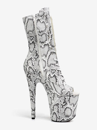 女性用セクシーブーツ ピープトゥ レースアップ スネークプリント スティレットヒール ポールダンス シルバー サイハイブーツ オーバーニーブーツ