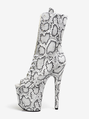 シルバー 女性用セクシーブーツ ピープトゥ レースアップ スネークプリント スティレットヒール ポールダンス シルバー サイハイブーツ オーバーニーブーツ