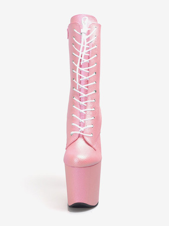 Sexy High Heel Boots Round Toe Lace Up Stiletto Heel Pole Dancing Pink Thigh High Boots Over The Knee Boots