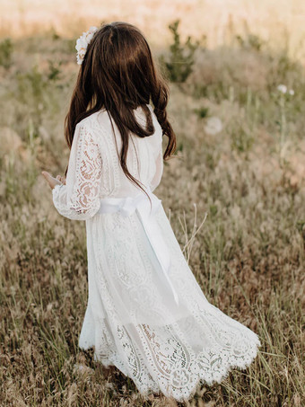 ホワイトフラワーガールドレス アイボリーレース 長袖 ジュエルネック フラワーガールドレス