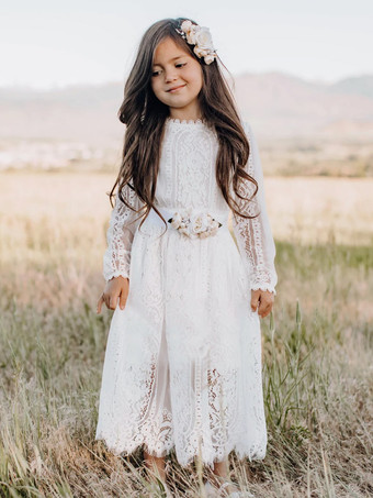 ホワイトフラワーガールドレス アイボリーレース 長袖 ジュエルネック フラワーガールドレス