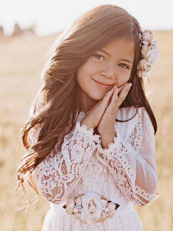 アイボリーホワイトフラワーガールドレス アイボリーレース 長袖 ジュエルネック フラワーガールドレス