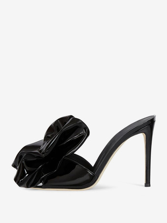 ブラック レディース スリッポン ミュール ボウ スティレットヒール サンダル