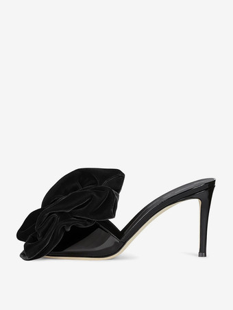 ブラック レディース ハイヒール ミュール ボウ スリッポン サンダル