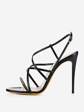 ブラック レディースヒールサンダル オープントゥ ストラップ付きハイヒールサンダル